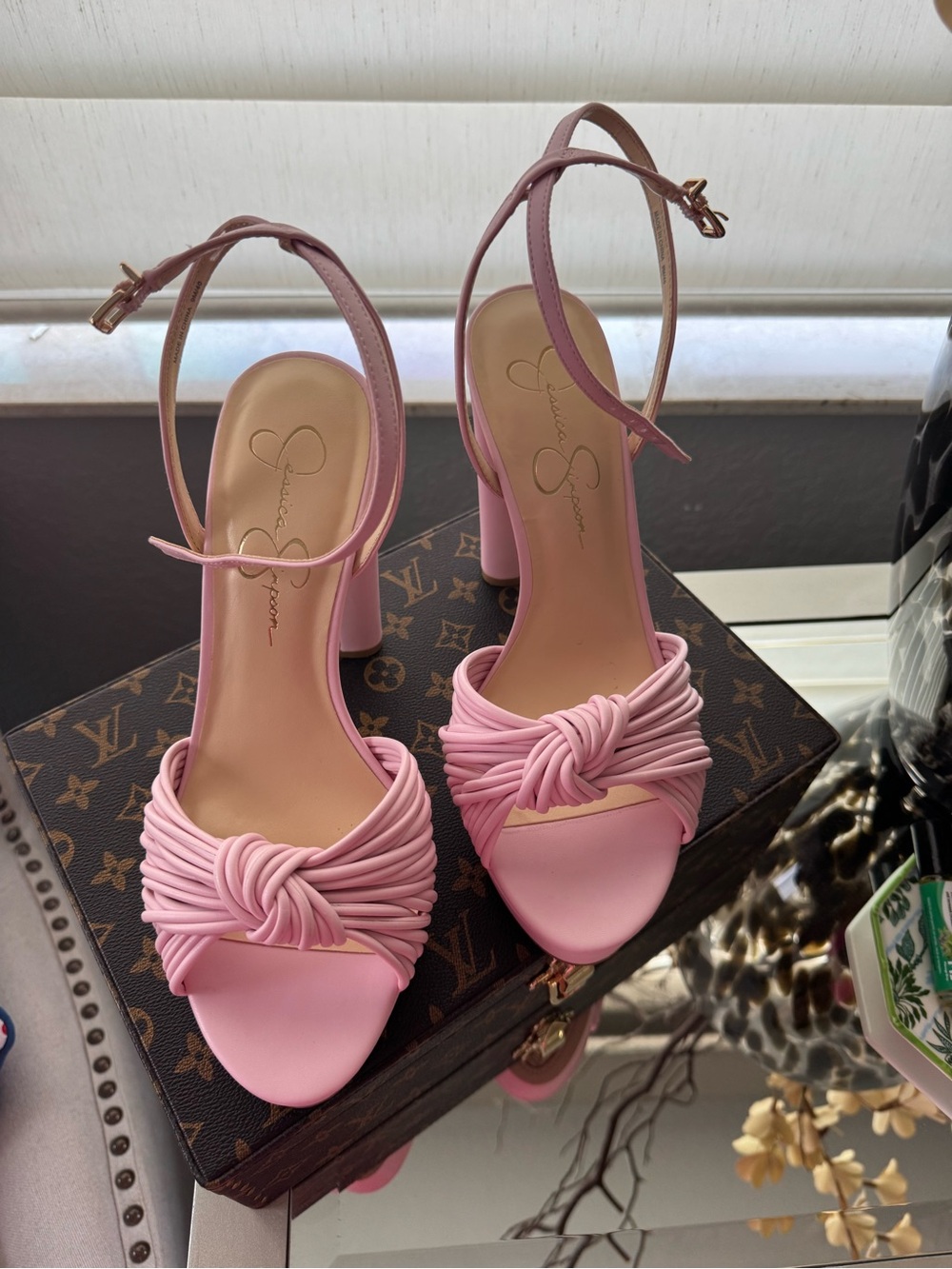 Jessica Simpson Blush Pink Knotted Strap Block Heels